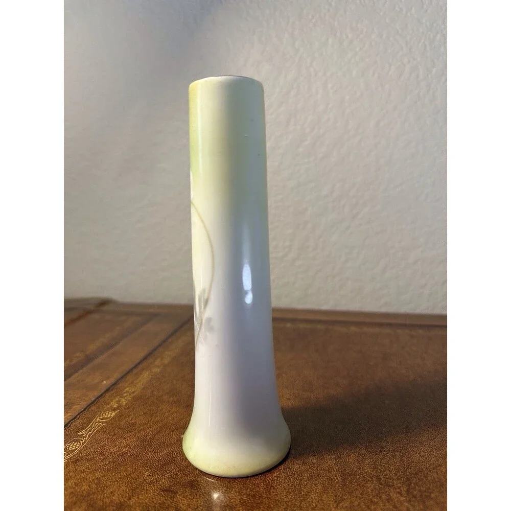VTG Germany Porcelain Bud Vase Hat Pin Holder Green with White/Peach Roses 6